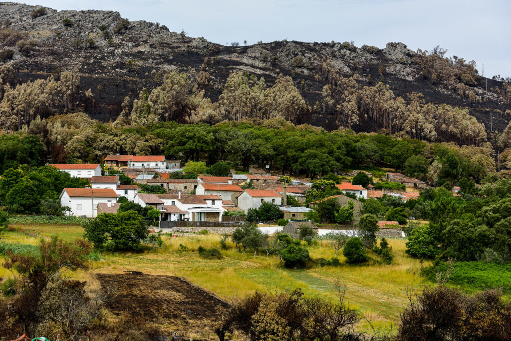 A small village with white houses and tiled roofs sits below a burned hillside. The trees around the village are green, while the hillside is brown and blackened. 